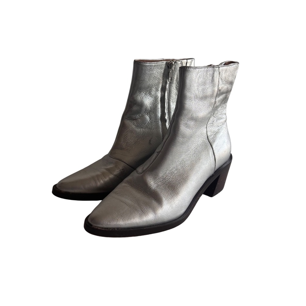 Madewell‎ Silver Metallic Leather Pointed Toe Block Heel Ankle Boots Size 7